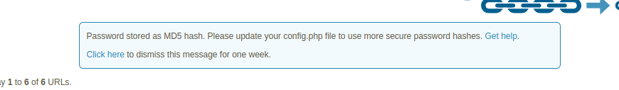 YOURLS admin screenshot with md5 alert